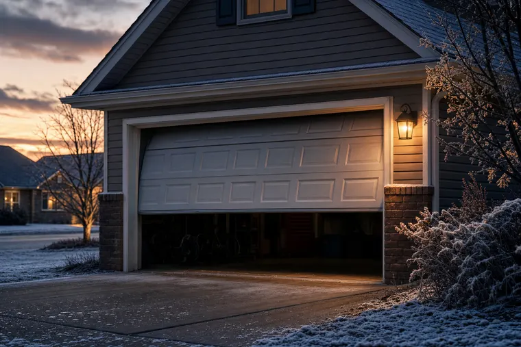 Garage door stuck halfway open on a frosty winter evening in Indiana