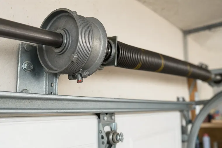 Torsion spring, drum, and shaft above a residential garage door